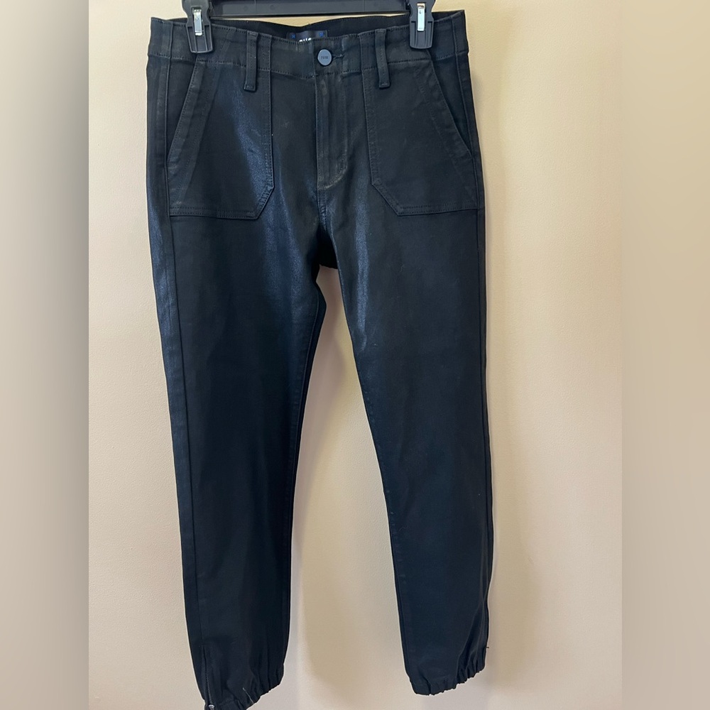 Paige Womens Black Glossy Shiny Mayslie Jogger Ankle Zipper Stretch Sz 27